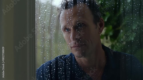 Man standing by a window with raindrops looking out thoughtfully on a rainy day indoors scene