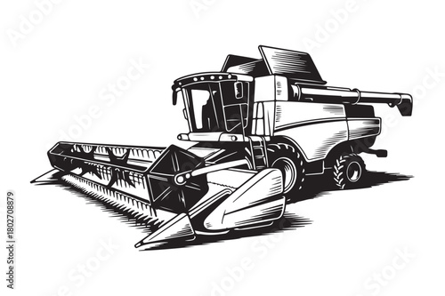 Detailed sketch of a modern combine harvester in a field