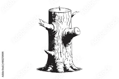 Black and white illustration of a hollowed tree stump candle