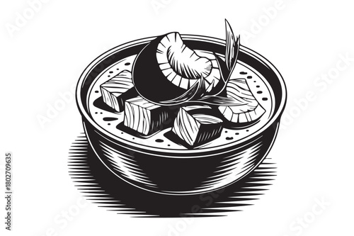 Hand drawn illustration of a hearty bowl of stew with meat and vegetables
