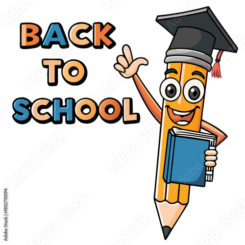Retro pencil character reading book while celebrating back to school season with fun, colorful design