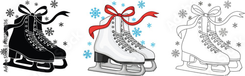 Three variations of ice skates with snowflakes, perfect for adding a festive touch to your designs