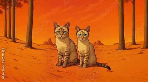 Two Tabby Cats with Blue Eyes Sitting in Orange Desert Landscape
