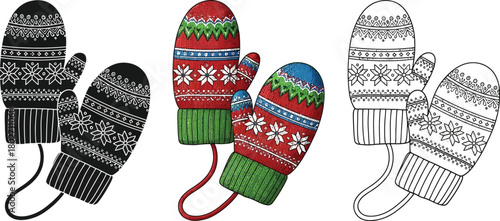 Warm winter mittens with snowflake pattern, available in color, black and, and outline versions for creative projects