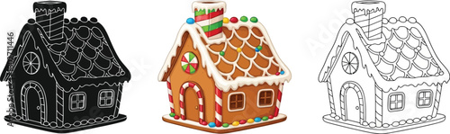 Gingerbread house in color, silhouette, and line art, a sweet holiday treat