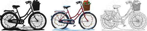 Vintage bicycle with flower basket in color, silhouette, and line art