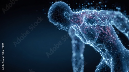 Futuristic sports injury healing visualization using AI diagnostic overlay human silhouette digital medical theme