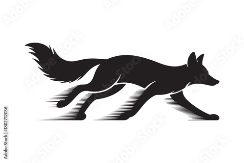 Black silhouette of a running fox with a bushy tail