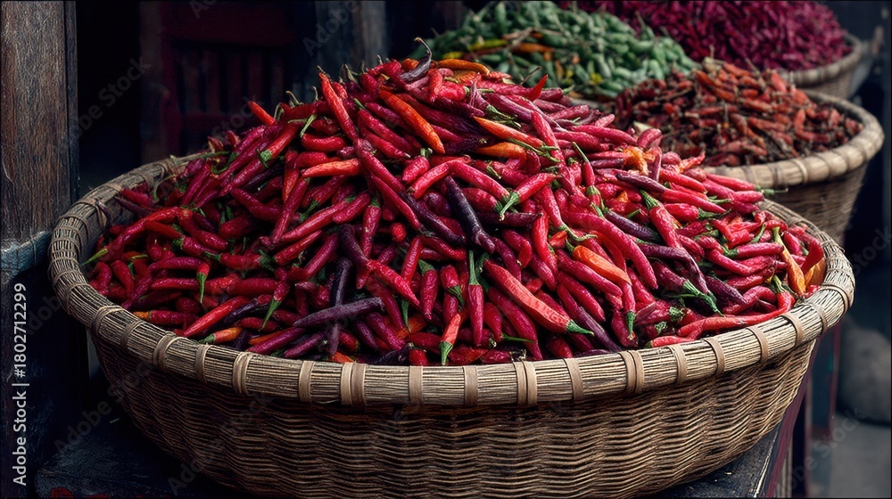 Naklejka premium Vibrant Collection of Fresh Chili Peppers in Traditional Basket