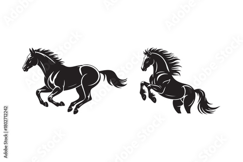 Two powerful black horses in motion against a white background