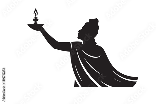 Silhouette of a person holding a lit oil lamp aloft