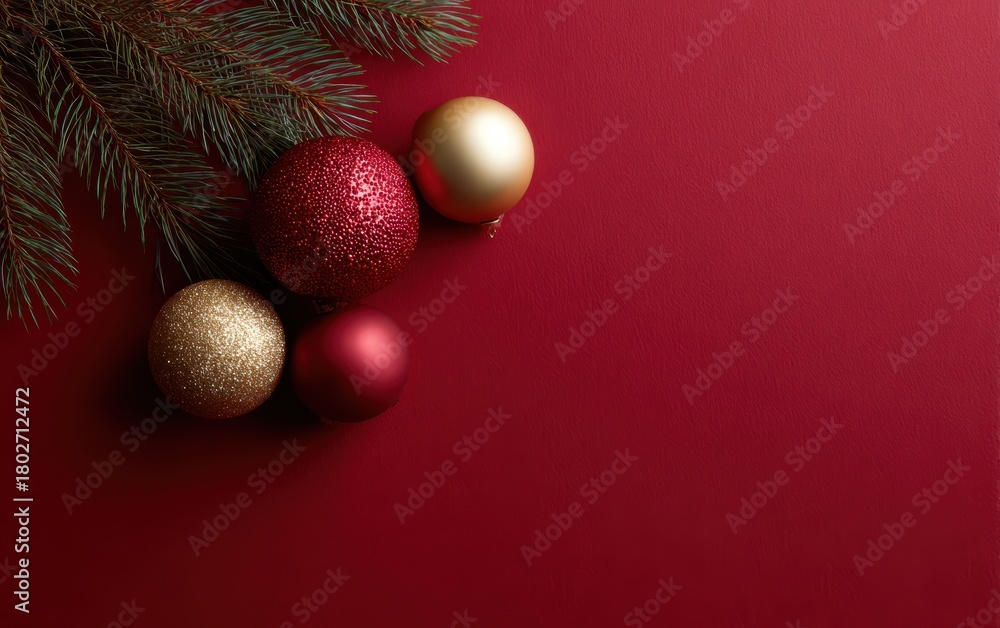 Fototapeta premium Christmas decoration flat lay with red and golden balls on pine branches, isolated on red background