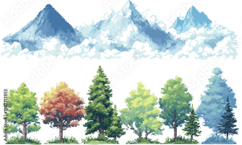 Digital Landscape Pixel Art: Seven Vibrant Trees Against a Colorful Mountain Backdrop