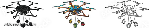 Three drone illustrations carrying gifts, presented in black silhouette, vibrant color, and outline