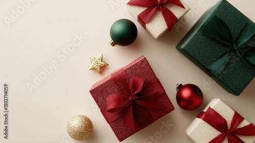 Christmas Eve top view of gift boxes with ribbons, red and green baubles, gold star ornaments