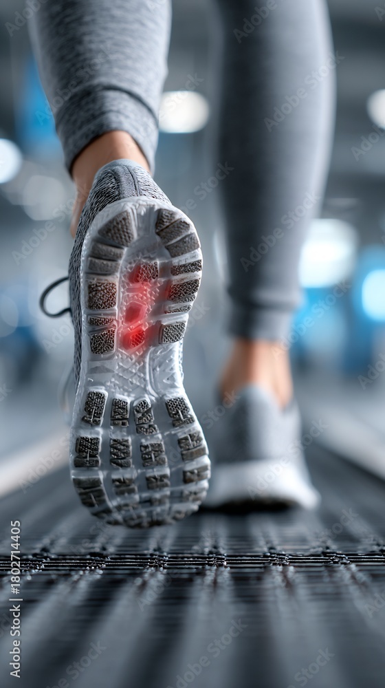 Naklejka premium Leg focused view of patient doing slow treadmill walking during injury recovery subtle motion blur modern rehabilitation lab