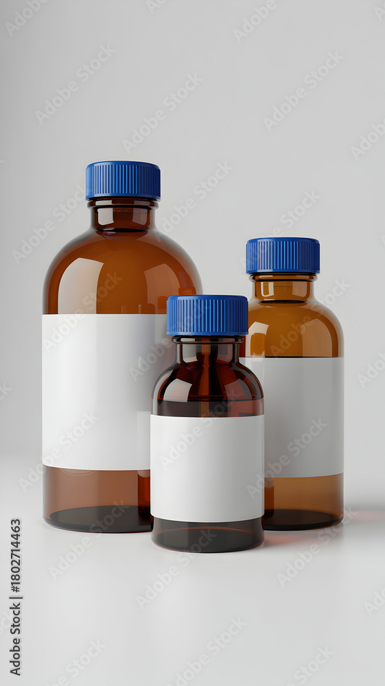 Obraz premium Three Amber Laboratory Bottles with Blue Caps on White Studio Background