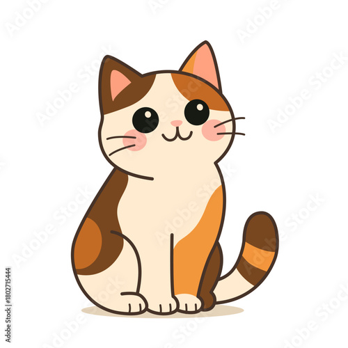 Cute fat domestic cat sitting and enjoying life. Flat vector linear illustration isolated on white background