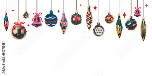 Hanging Christmas Ornaments Halftone Banner Border