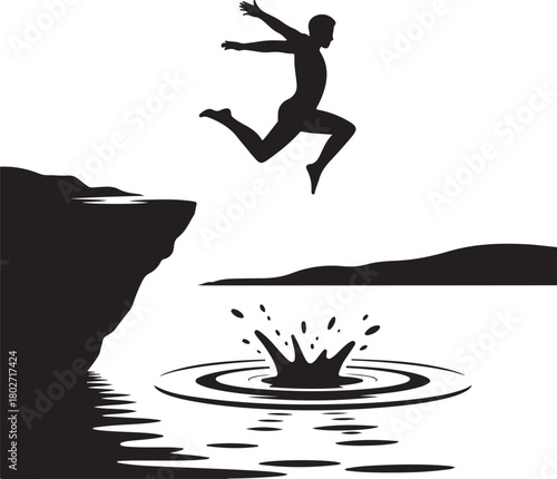 Silhouette of a person jumping from cliffs into water icon