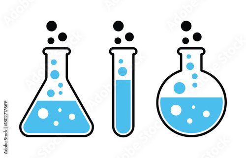 Three laboratory flasks containing blue liquid with bubbles and vapor rising are shown on a white background.