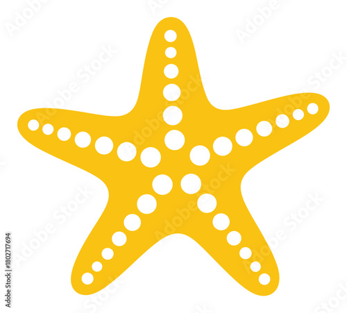 A bright yellow starfish with white polka dots is depicted against a white background, representing marine life and the ocean.