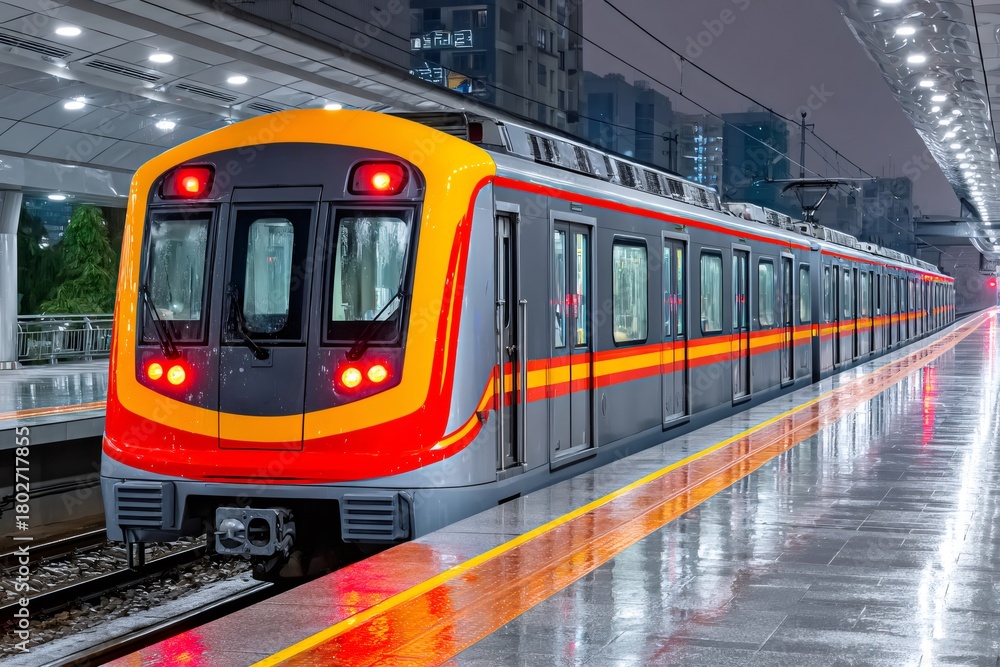 Fototapeta premium Subway train arriving at modern platform with reflections