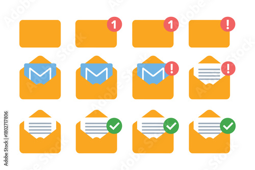 A grid of stylized email icons displays various notification statuses including unread messages, alerts, and confirmations.