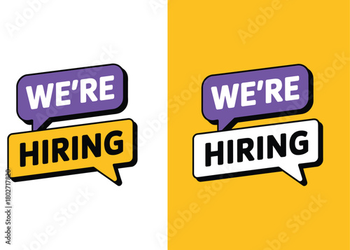 Two graphic elements display the text "WE'RE HIRING" in different background colors.