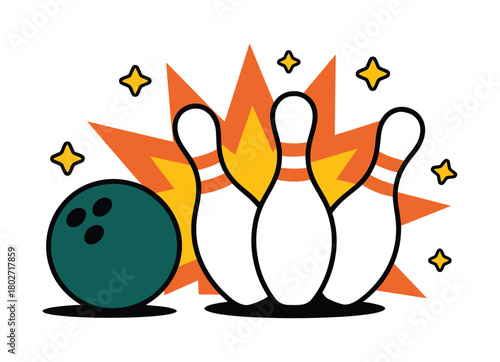 A bowling ball is about to hit three bowling pins with an explosion of stars behind them.
