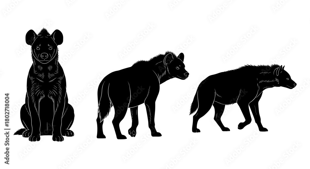 Naklejka premium Hyena silhouette trio in different poses on white background