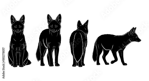 Fox silhouette set in black and white: multiple angles for wildlife art