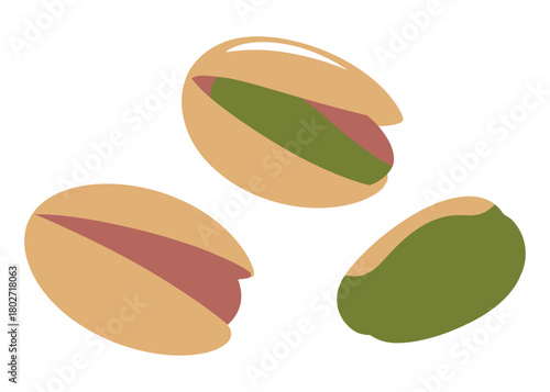 Three pistachios are shown against a white background, with two in their shells and one shelled.