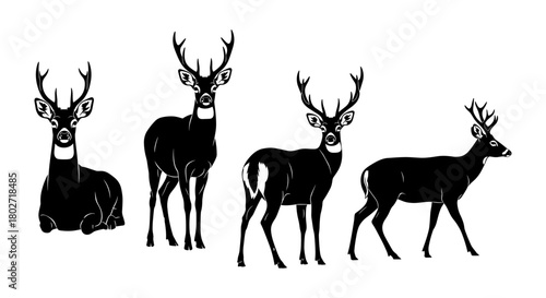 Elegant deer silhouettes collection with various poses on white background