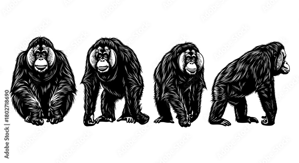 Obraz premium Detailed orangutan sketch set: various poses on white background