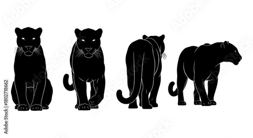 Black panther silhouettes in four elegant poses on white background