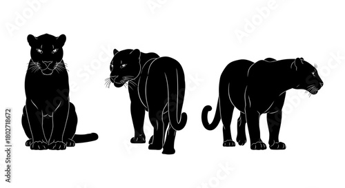 Silhouette panthers trio: bold and majestic black cat designs in profile and prowl poses
