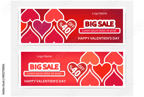 Happy Valentine's day sale header or voucher template with hearts. Horizontal banner Big Sale.