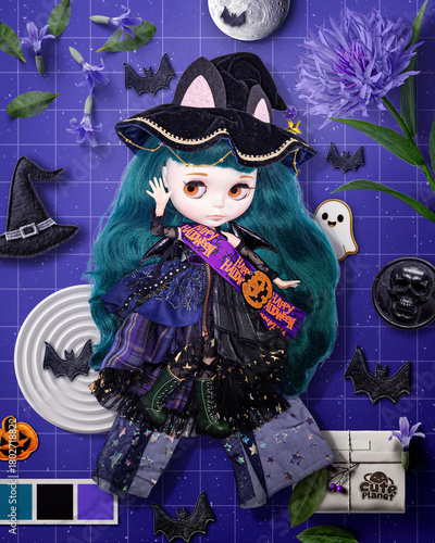 Cute Blythe Doll Halloween Witch Aesthetic – Spooky Purple Moodboard with BJD Doll, Bats and Flowers