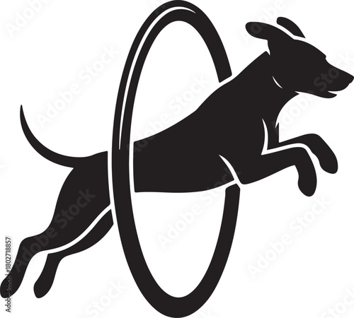 Dog jumping through ring silhouette icon