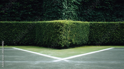 Lush Green Hedge Formation on Sports Court Surrounded by Nature