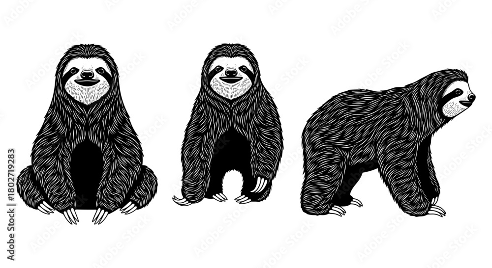 Naklejka premium Detailed black and white sloth ink drawing trio on white background