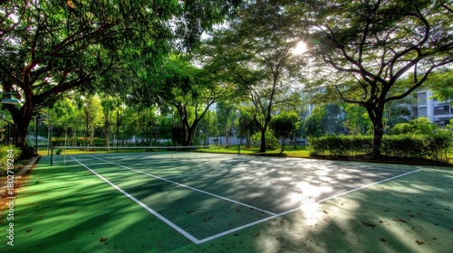 Serene Outdoor Tennis Court Surrounded by Lush Greenery and Trees