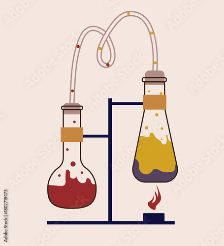 Laboratory flasks and test tubes with chemical reactions drawn by hand on a light background.