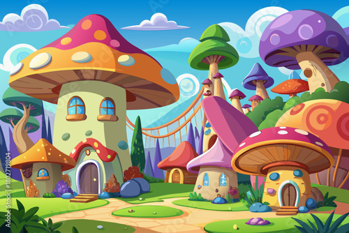 Amazing Tiny houses built inside giant mushrooms, glowing fireflies floating between trees background wallpaper