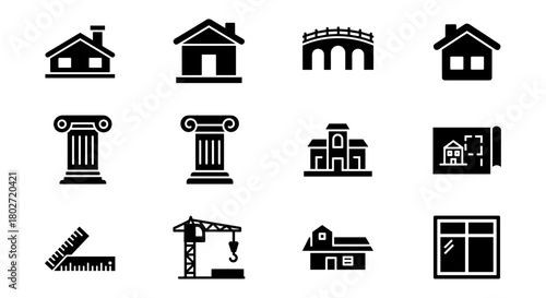 Icons of architecture and construction: homes, bridges, and columns in bold design
