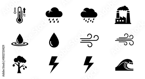 Weather icons set: temperature, rain, industry, wind, nature, water