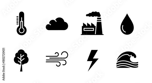 Black simple icons representing weather, energy, and nature elements