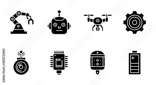 Futuristic robotics icons set in black silhouette style