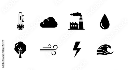 Weather and nature icons: temperature, cloud, pollution, water, tree, wind, lightning, wave